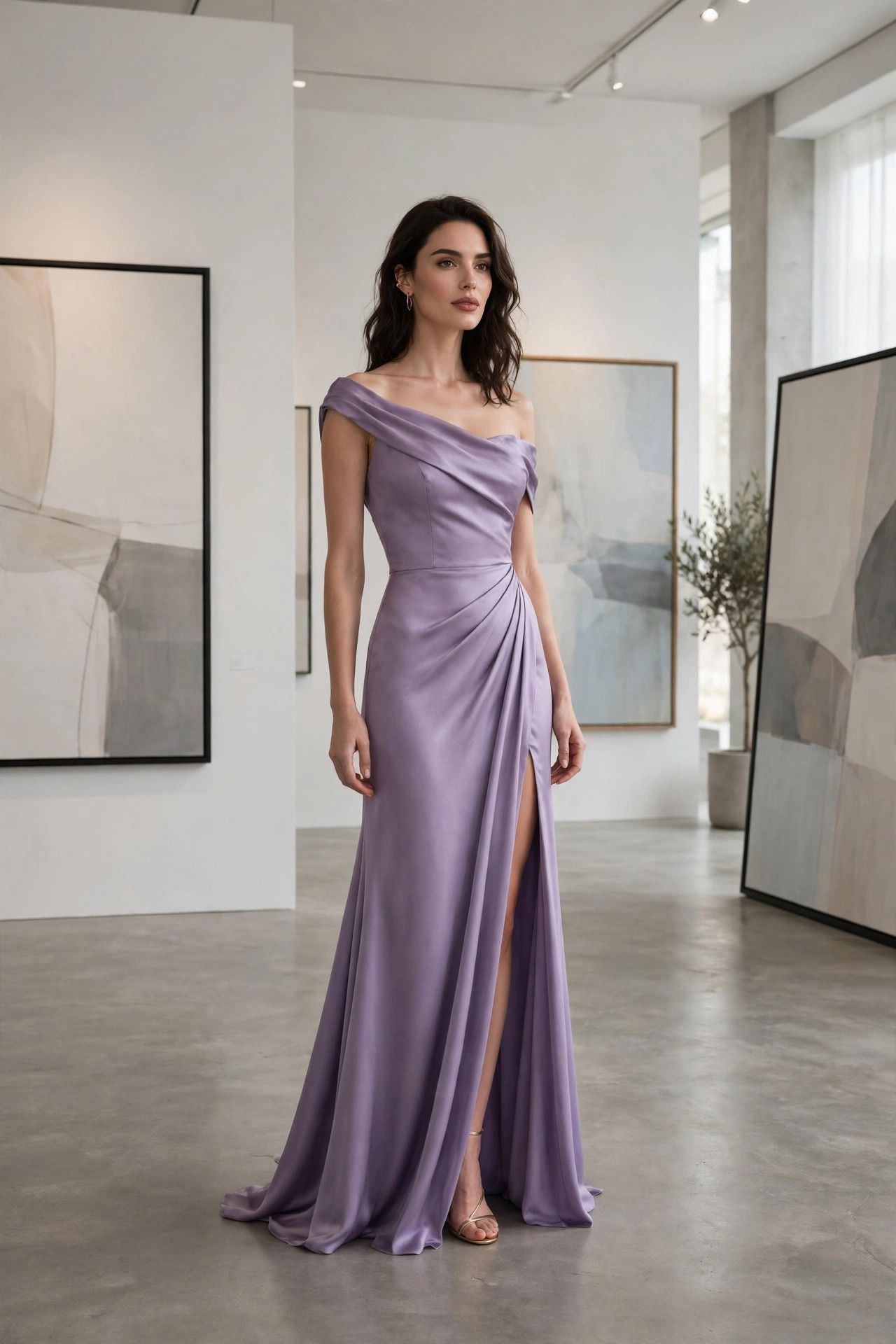AI generated full body image of a woman in a lavender evening gown in an art gallery