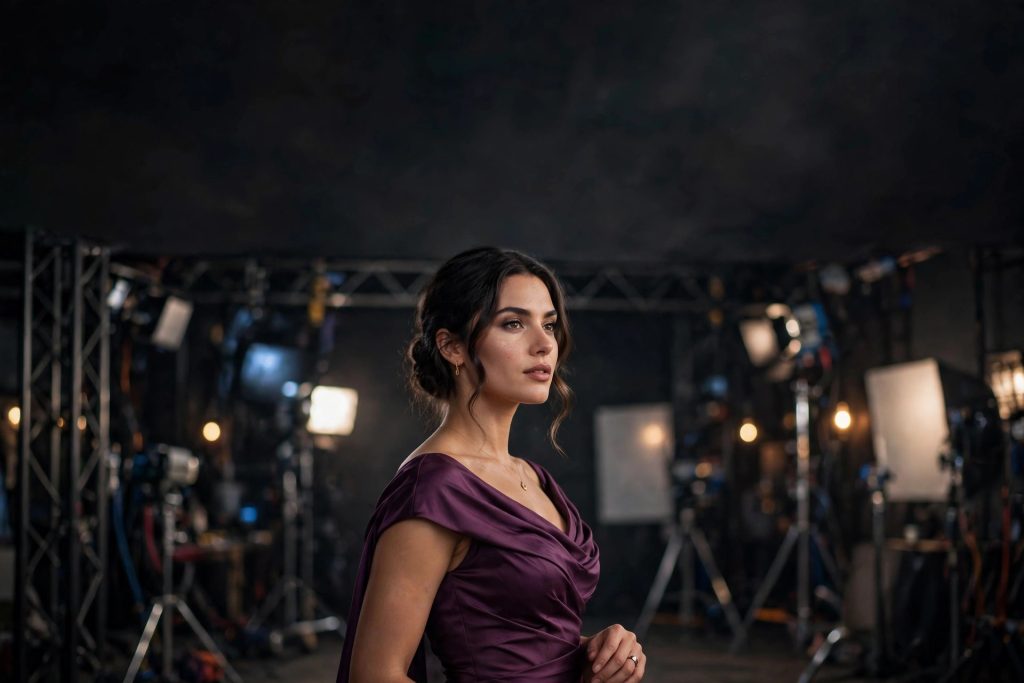 Creator workflow cover art: woman in a plum evening gown on a professional studio set