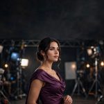 Creator workflow cover art: woman in a plum evening gown on a professional studio set