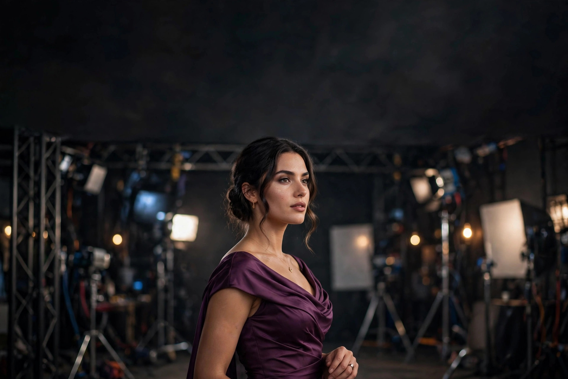 Creator workflow cover art: woman in a plum evening gown on a professional studio set